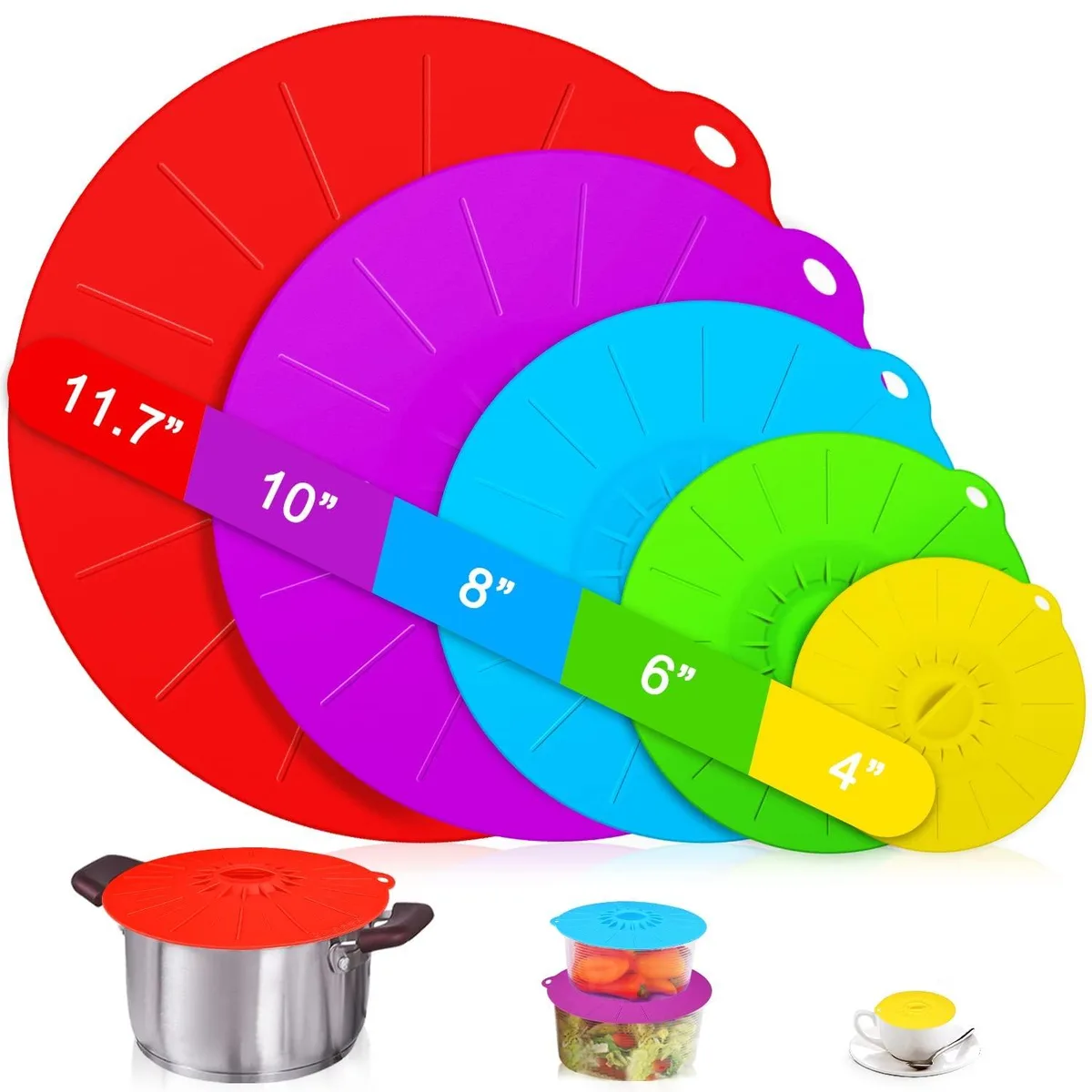 Ten multicolour round silicone lids with hanging tabs, various diameters