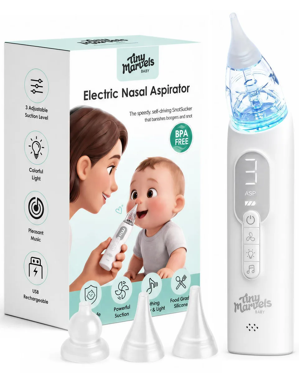 Grey handheld nasal aspirator with silicone tips and light-up music button