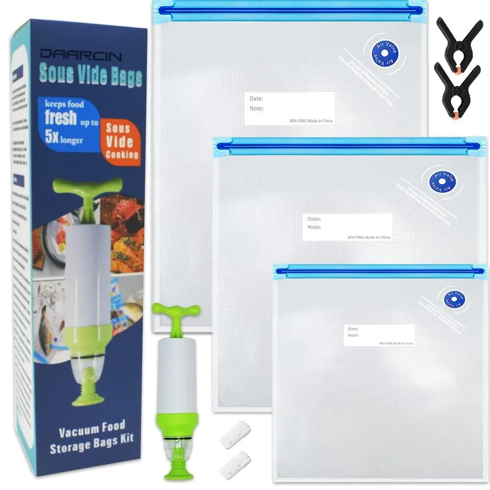Clear plastic vacuum-seal bags in three sizes with hand pump, clips and clamps