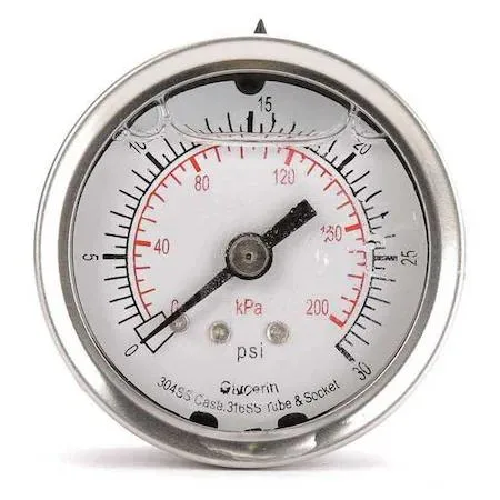 Value Brand Value Brand Commercial Pressure Gauge 0-30 psi 2 in Dial 1/4 in NPT Center Back Stainless Steel — product photo