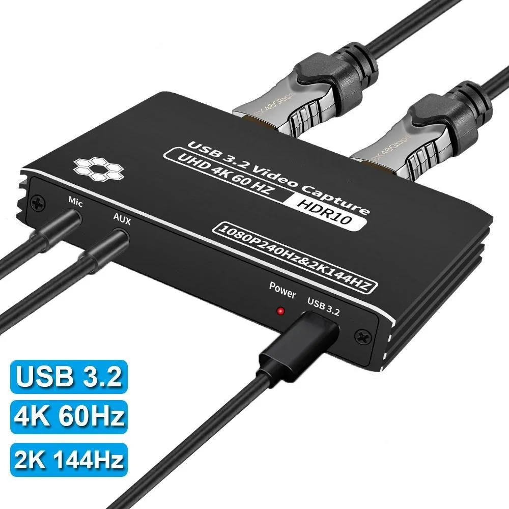 Small black capture box with HDMI in and out ports and a USB 3.2 cable