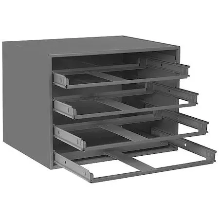 Grey steel sliding drawer cabinet, 20 inches wide, four drawers