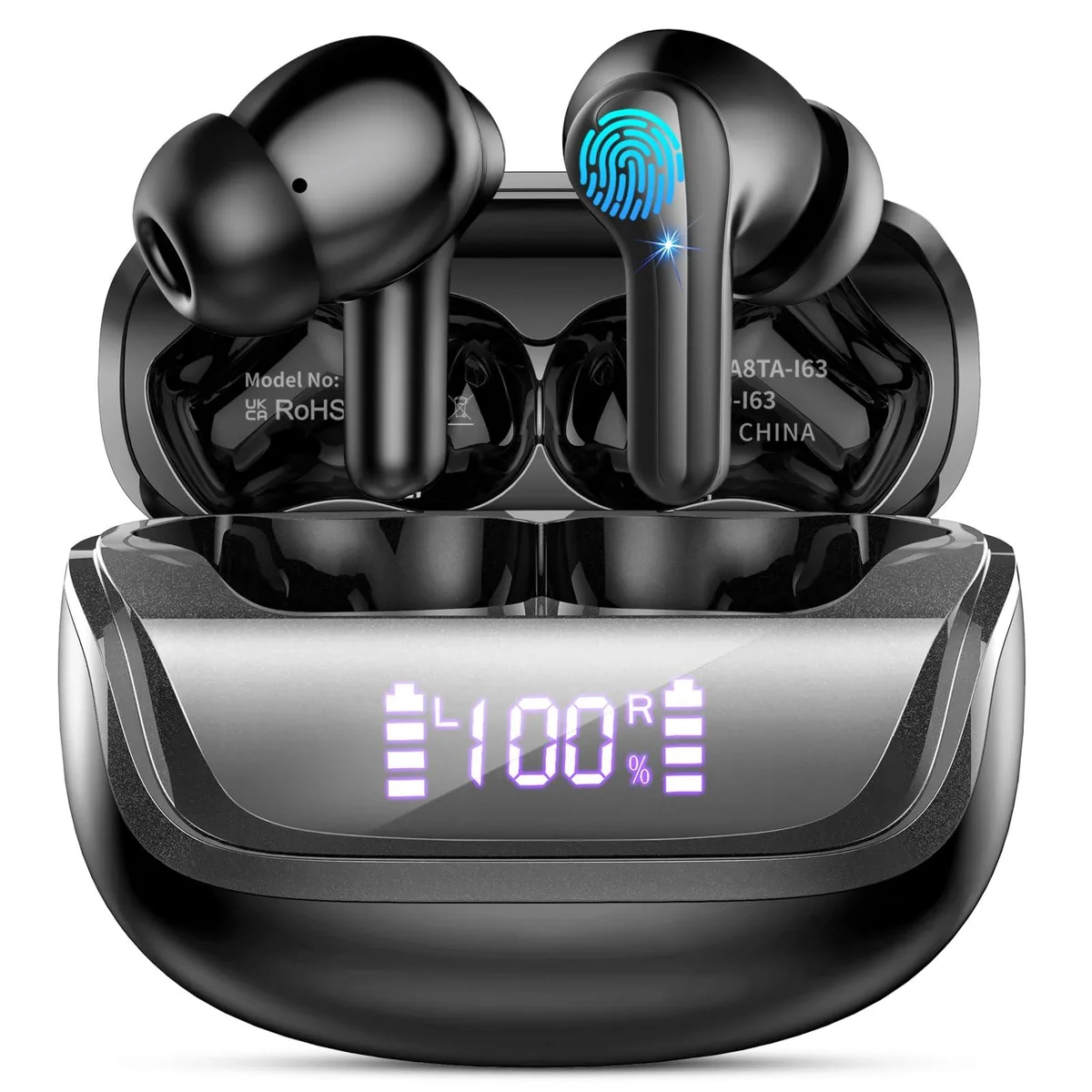 Black in-ear earbuds with charging case and LED display