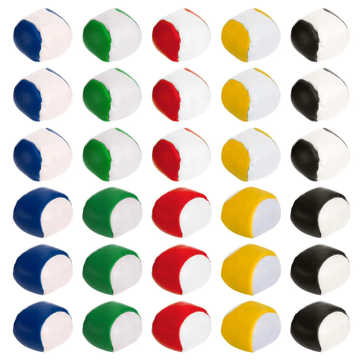 Thirty small soft bean bags in green red yellow blue and black PU fabric