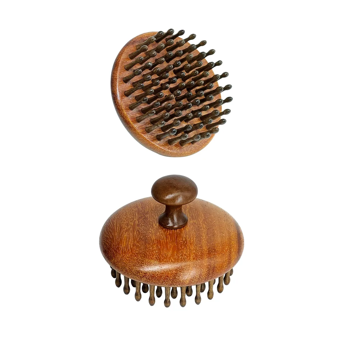 Wooden scalp massager with 54 rounded teeth, comb-shaped, bamboo finish