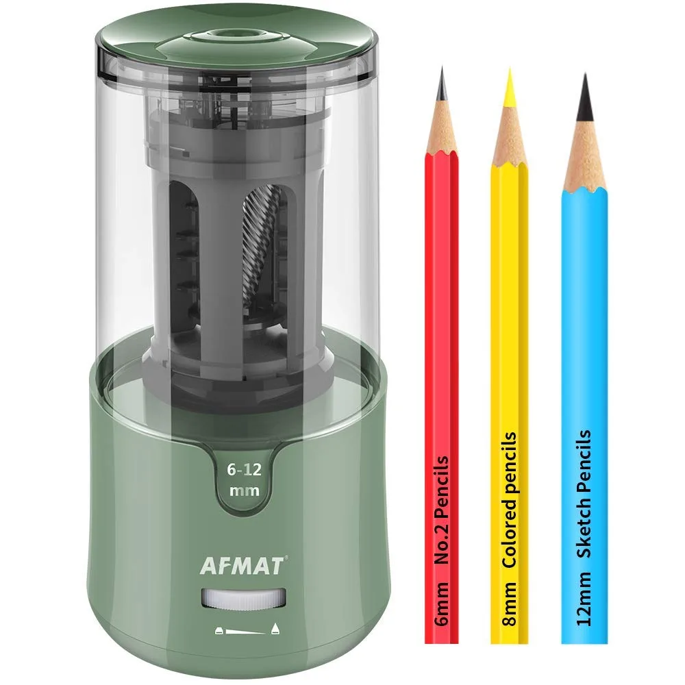 Green electric pencil sharpener, ABS housing, stainless blade, compact rectangular shape