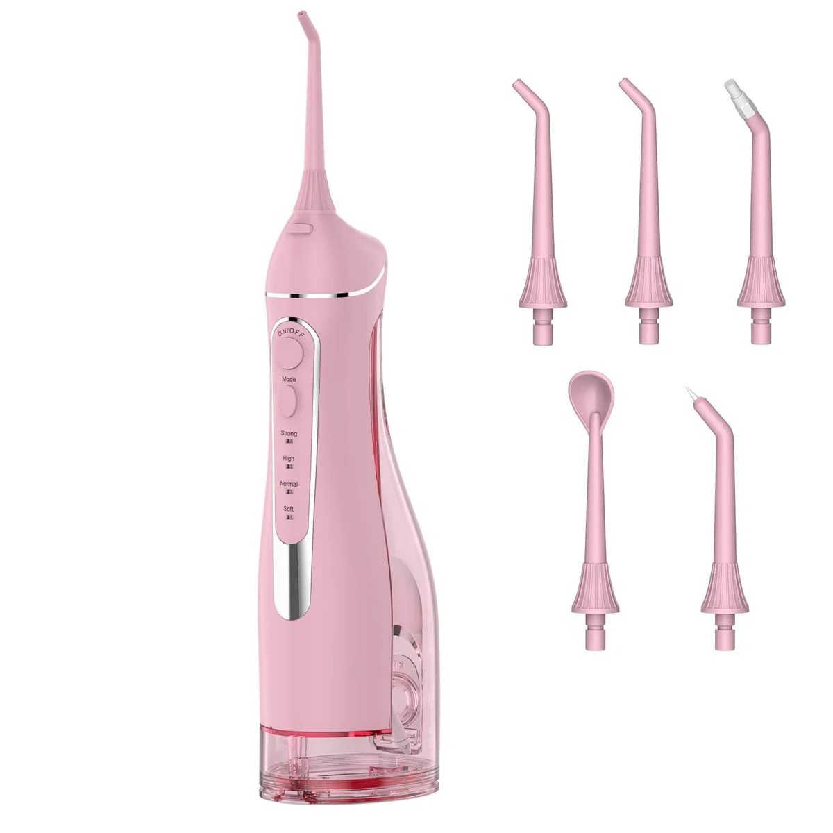 Pink cordless water flosser with 300 ml tank and five tips
