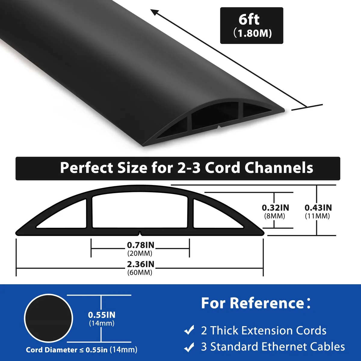 LZEOY 6ft Self-Adhesive Floor Cable Cover Black 0.78" x 0.32" Channel — product photo