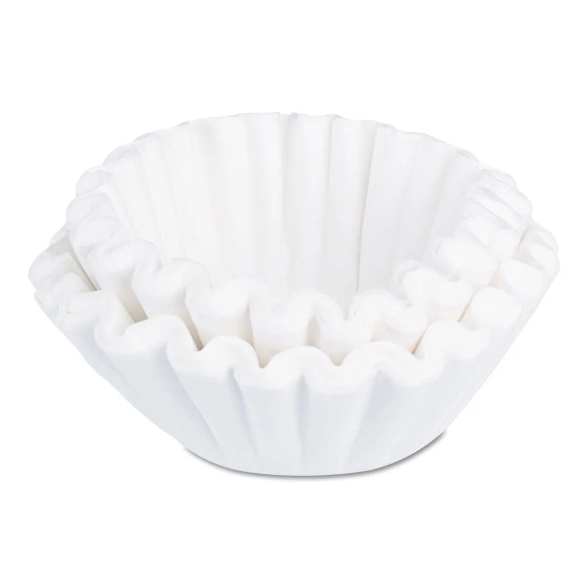 Flat white paper basket filters in a bulk carton