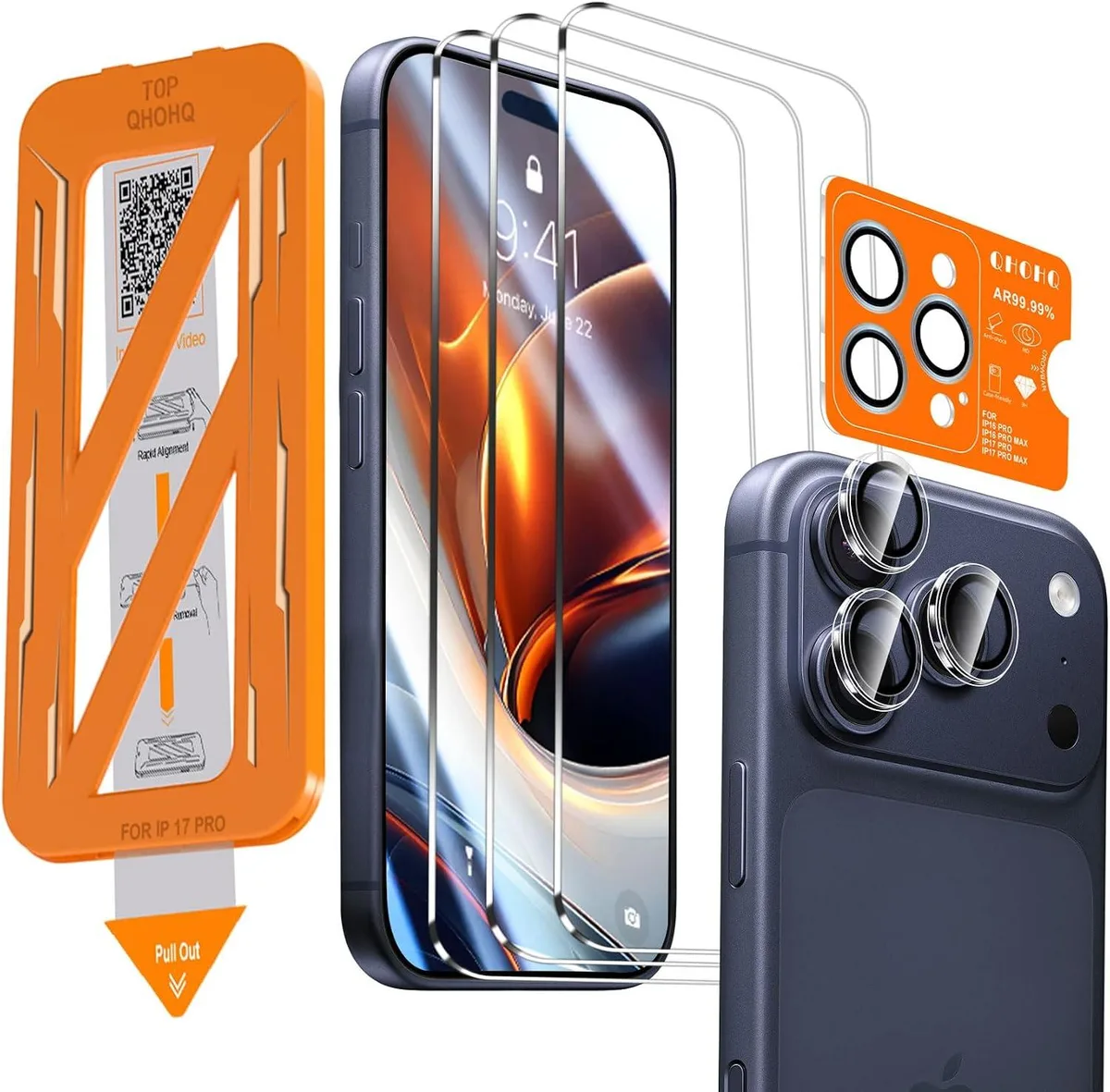 Three tempered-glass screen protectors and one camera lens protector in a retail pack