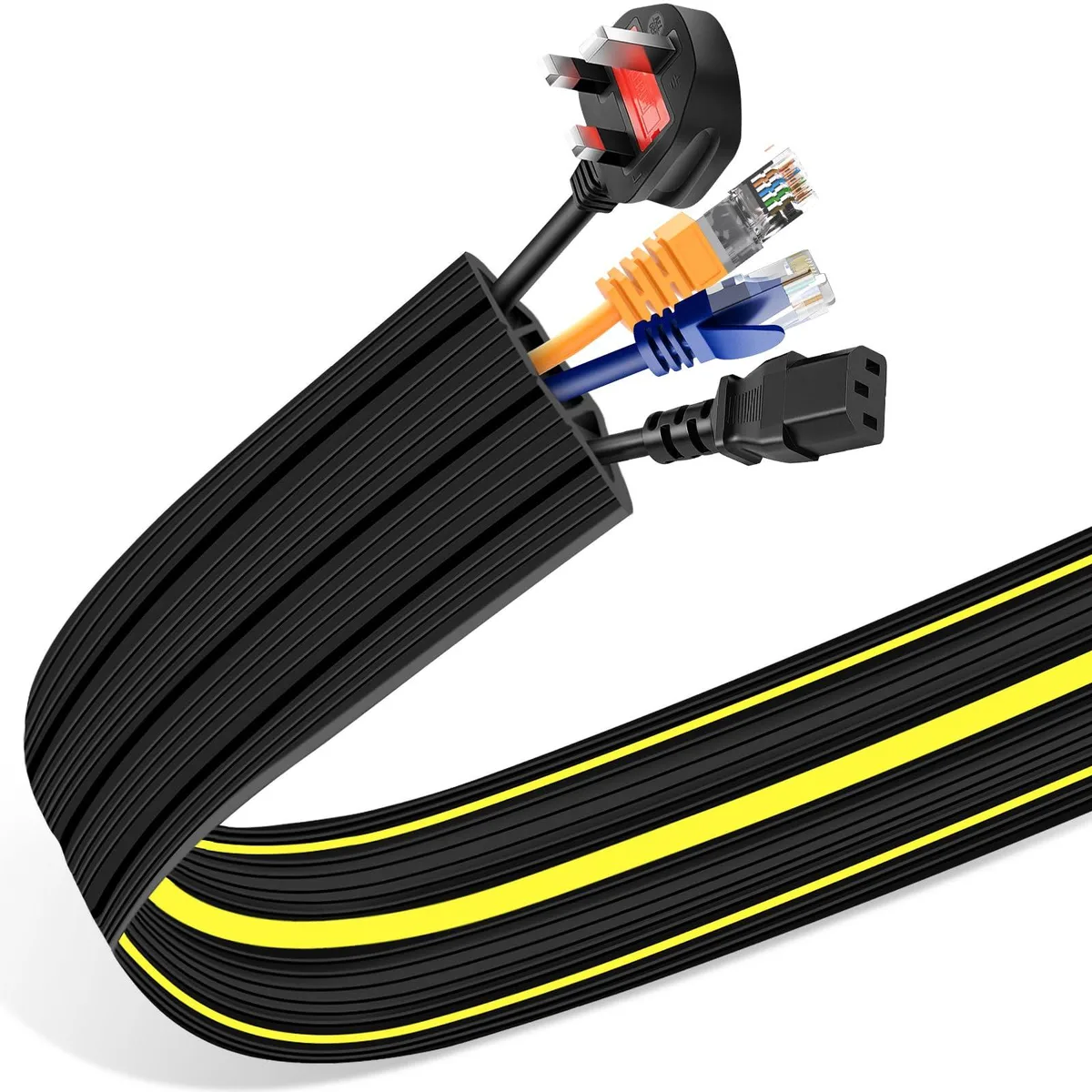 Black PVC floor cable cover 39.4 inches long with three channels and yellow warning stripes