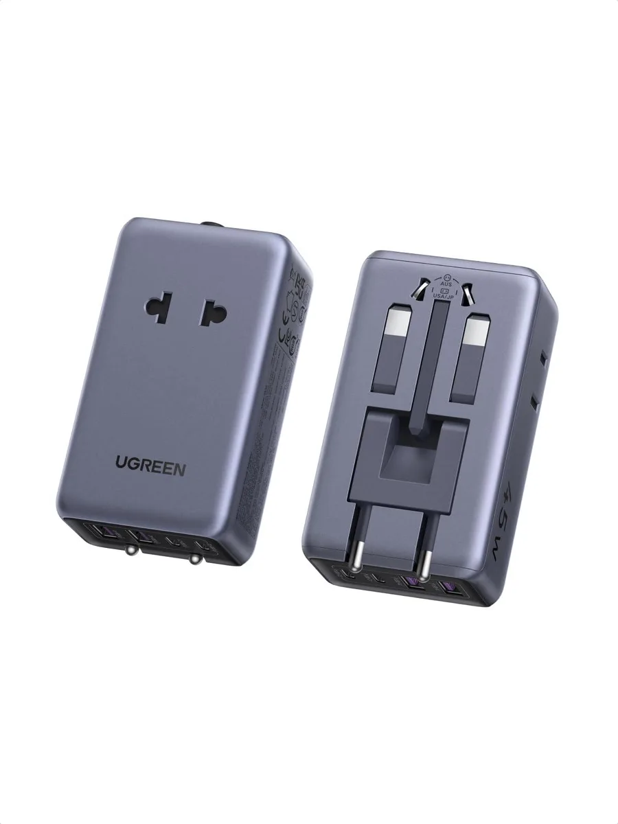 Black rectangular travel adapter with foldable pins and six charging ports