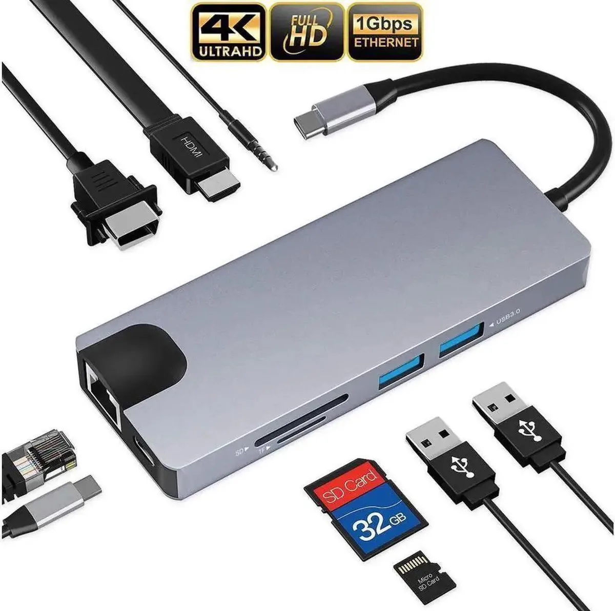 SMUGDESK SMUGDESK 9-in-1 USB-C Hub 4K HDMI VGA Gigabit Ethernet USB 3.0 SD TF Audio PD Charging — product photo