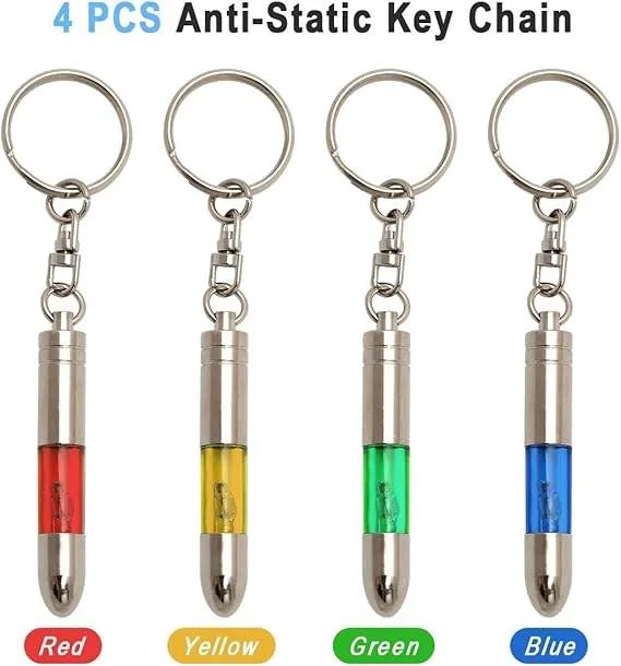 Four silver keychains with chrome metal caps and clear acrylic bodies, each on a split ring