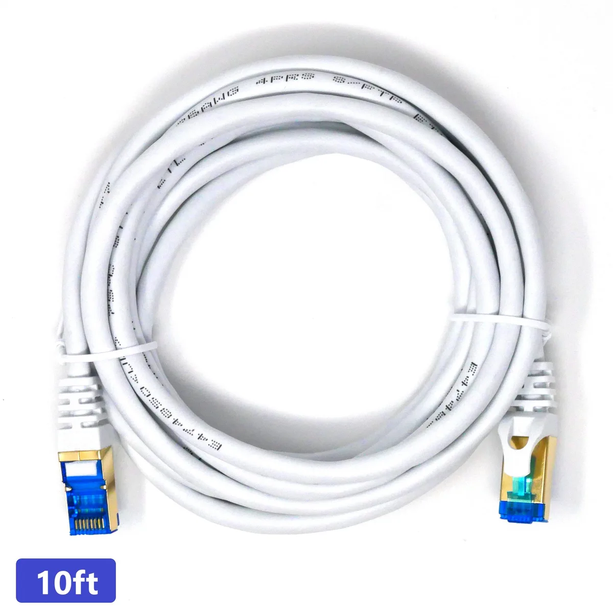 White round Cat 7 Ethernet patch cable with RJ45 connectors, 10 ft length