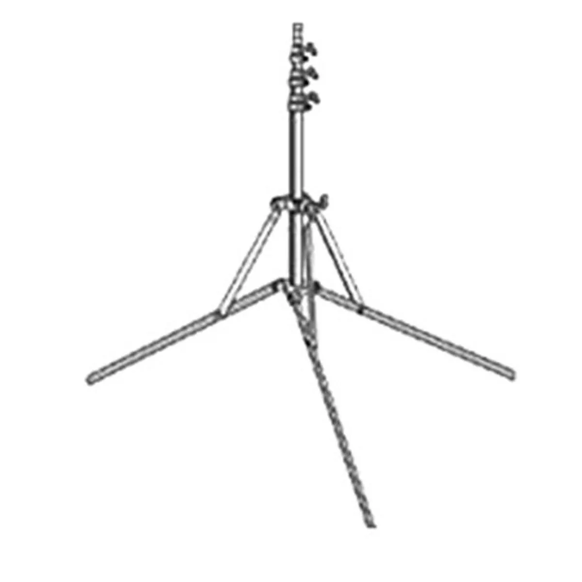 Silver anodized aluminum light stand with three round legs and yellow collars, folded compact