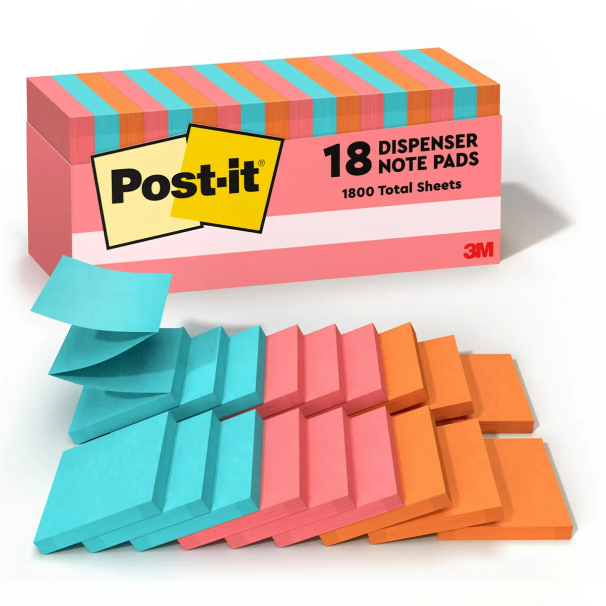 Box of 18 square pop-up note pads in aqua, guava and orange, 3 by 3 inches