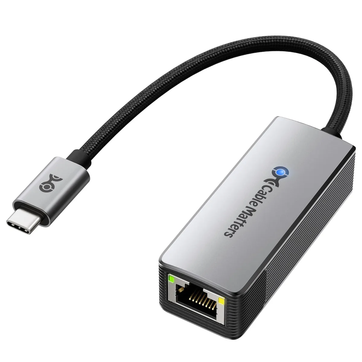 Black USB-C adapter with braided cable and RJ45 port