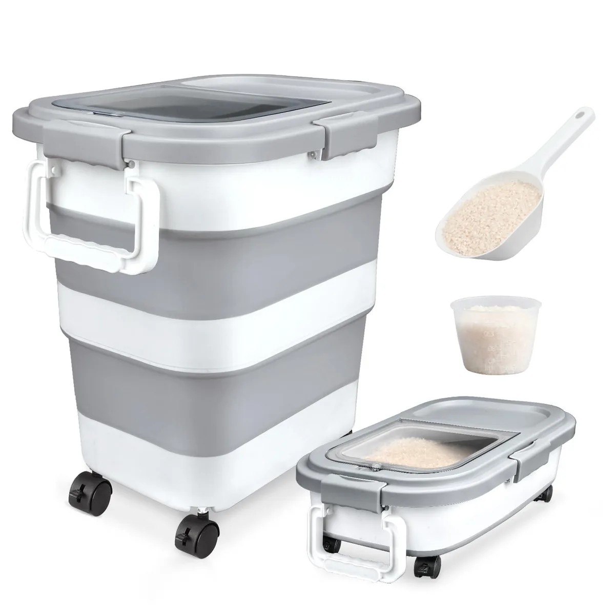 Red collapsible airtight food storage container with magnetic clear hatch, wheels and handle