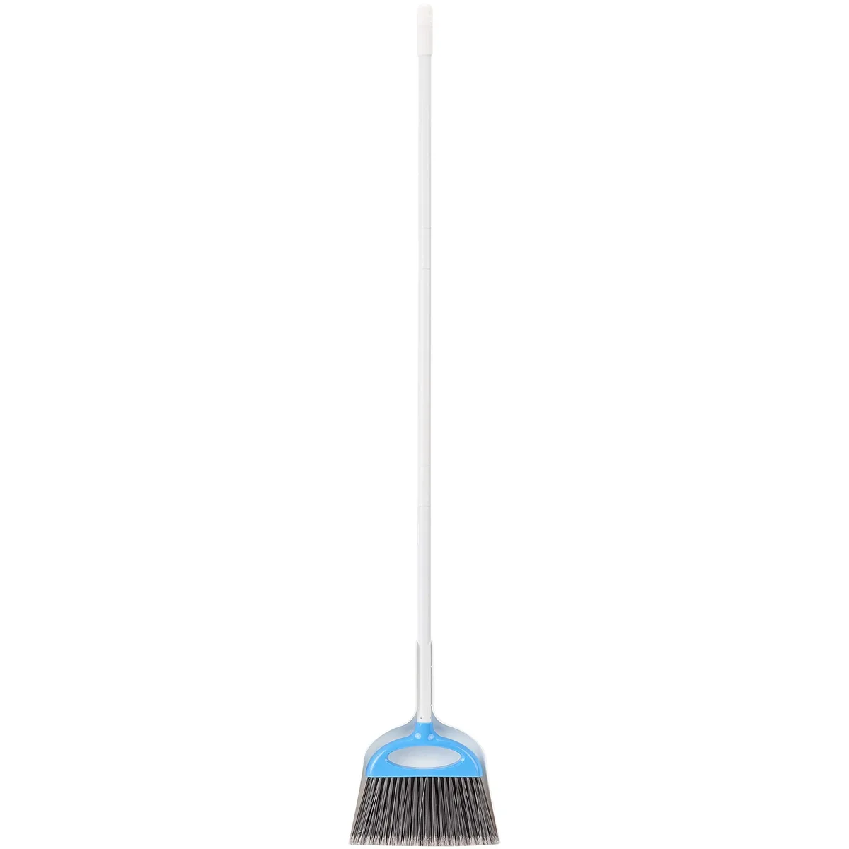 Blue and white plastic broom and dustpan set with three-piece adjustable handle