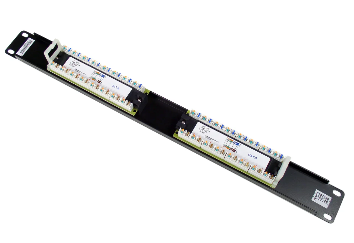 Black 16-port Cat6 patch panel with horizontal RJ-45 ports and 110D IDC terminals