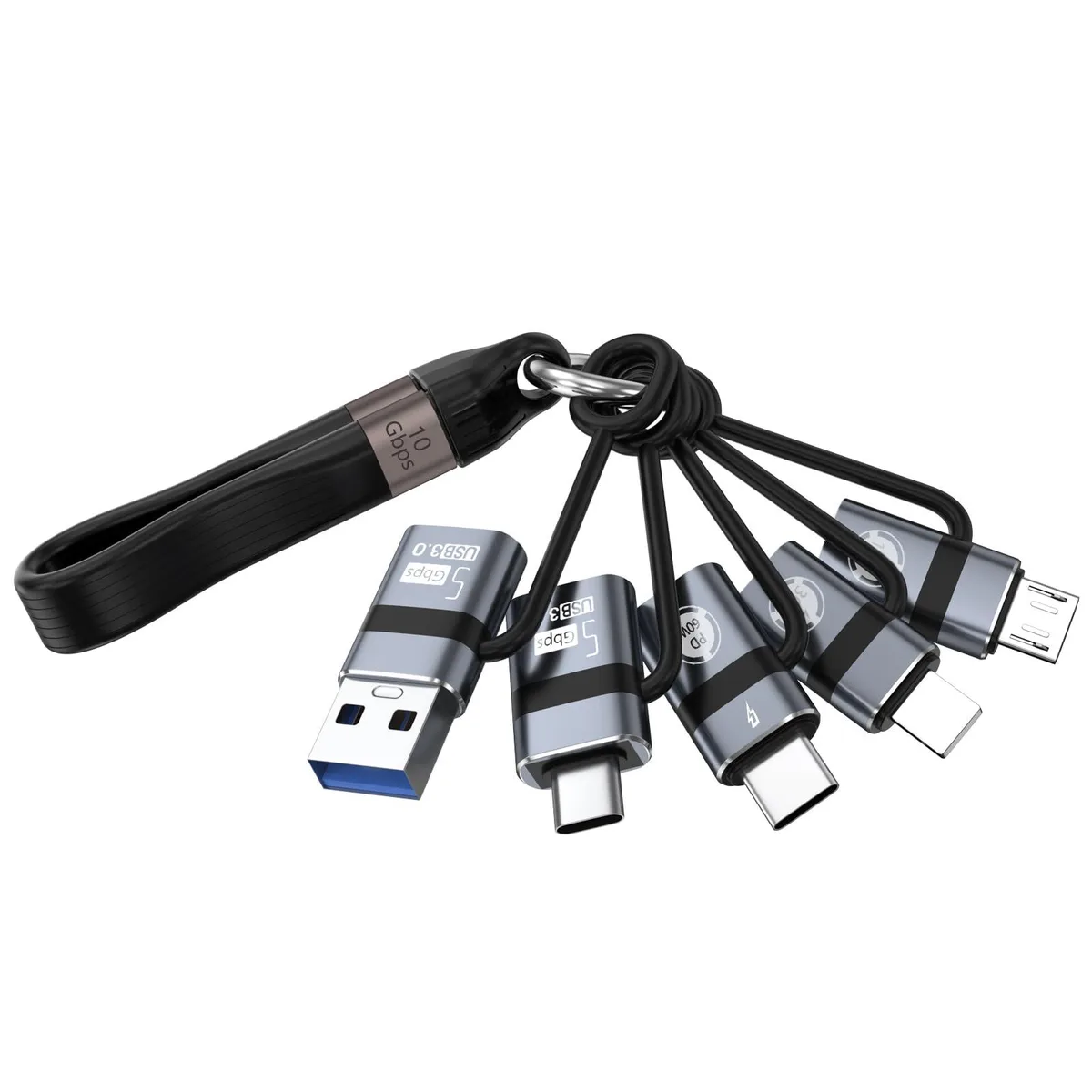 Six grey USB adapters in various connector types