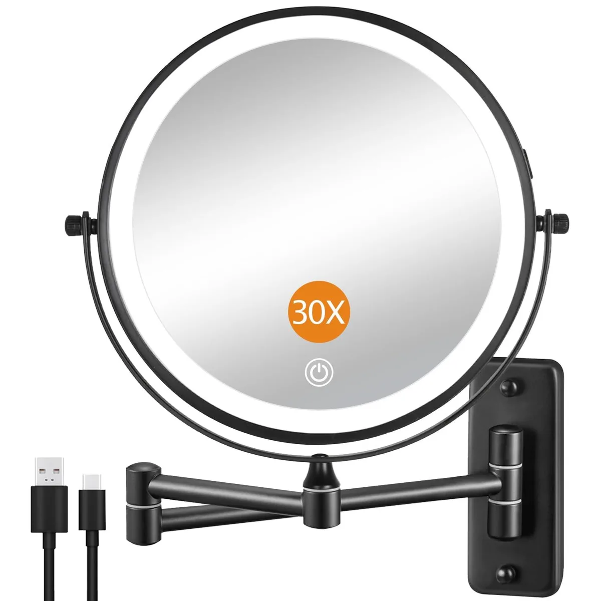 DECLUTTR 8" 1X/30X Wall Magnifying Mirror 3 Lights Rechargeable 12.2"L x 9.3"W Black — product photo