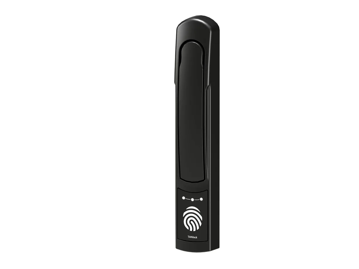 Vertiv VRA7002 security handle with fingerprint reader, silver metal finish