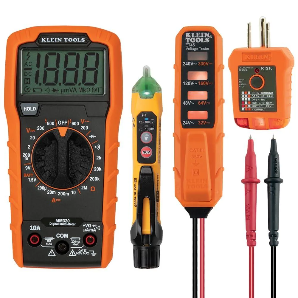 Klein Tools MM320KIT electrical test kit with multimeter, voltage testers, receptacle tester, padded case and batteries