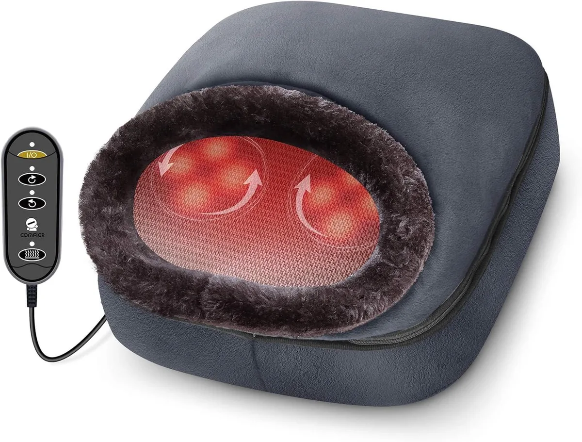 Grey plush foot massager with zippered top, corded controller