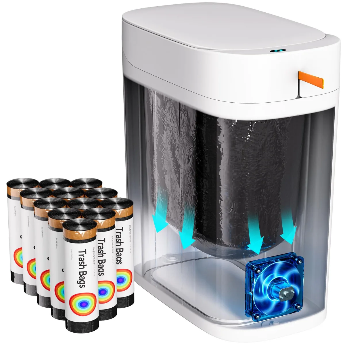 Three white slim touchless sensor trash cans with lids