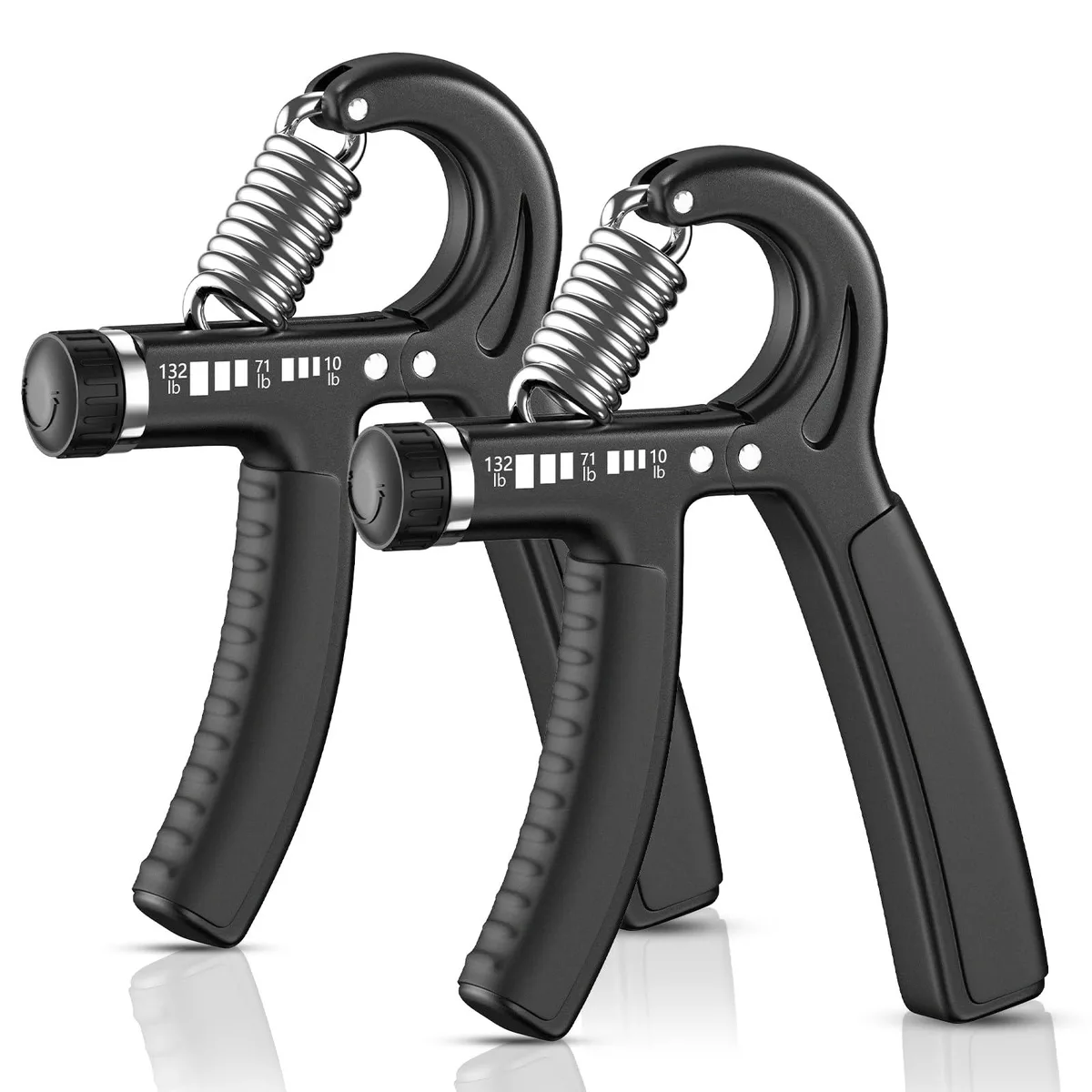 Two black adjustable hand grips with rubber handles and resistance knobs, 14 inches long
