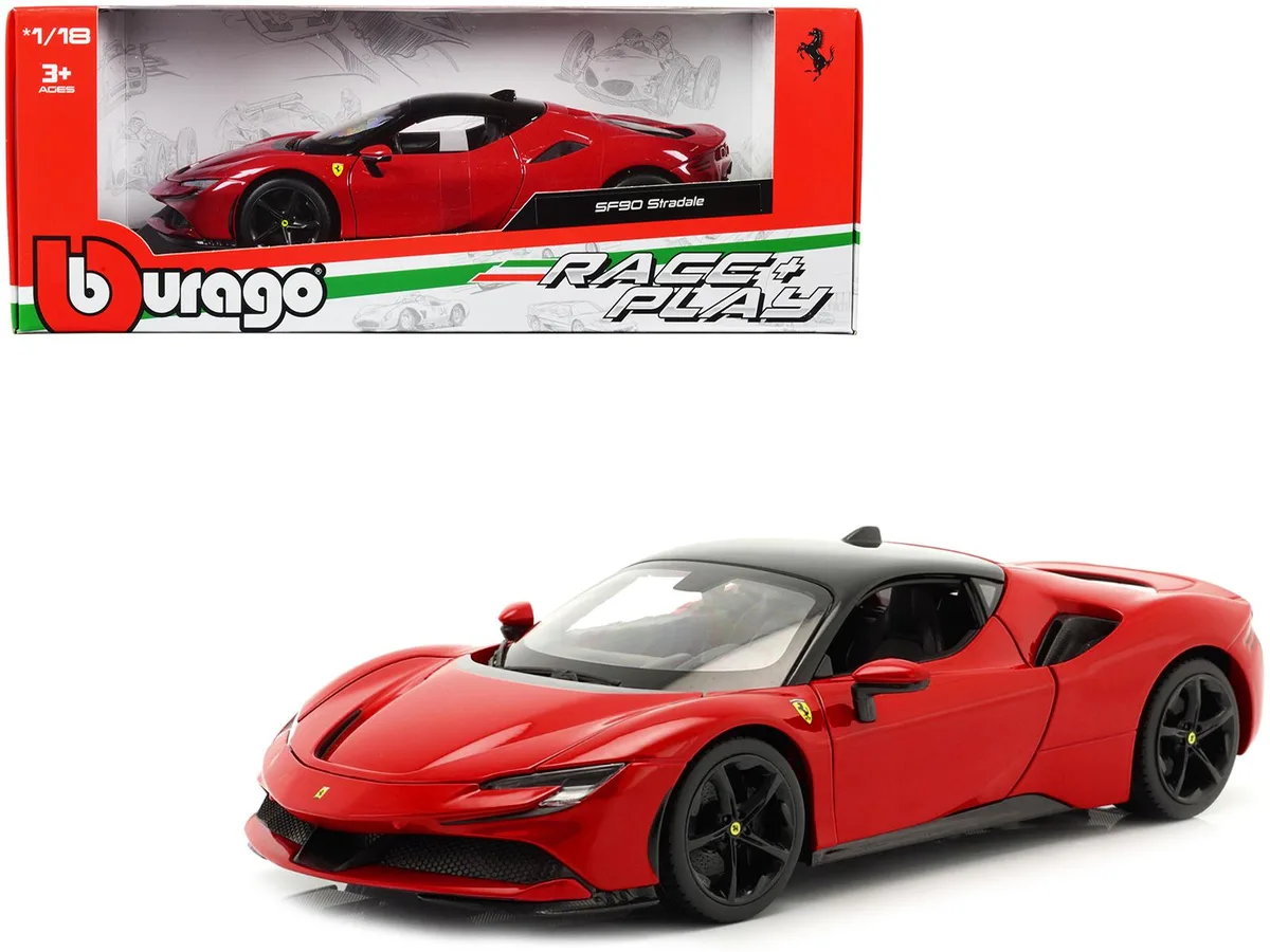 BBURAGO BBURAGO Ferrari SF90 Stradale Red with Black Top "Race + Play" Series 1/18 Diecast Model Car — product photo