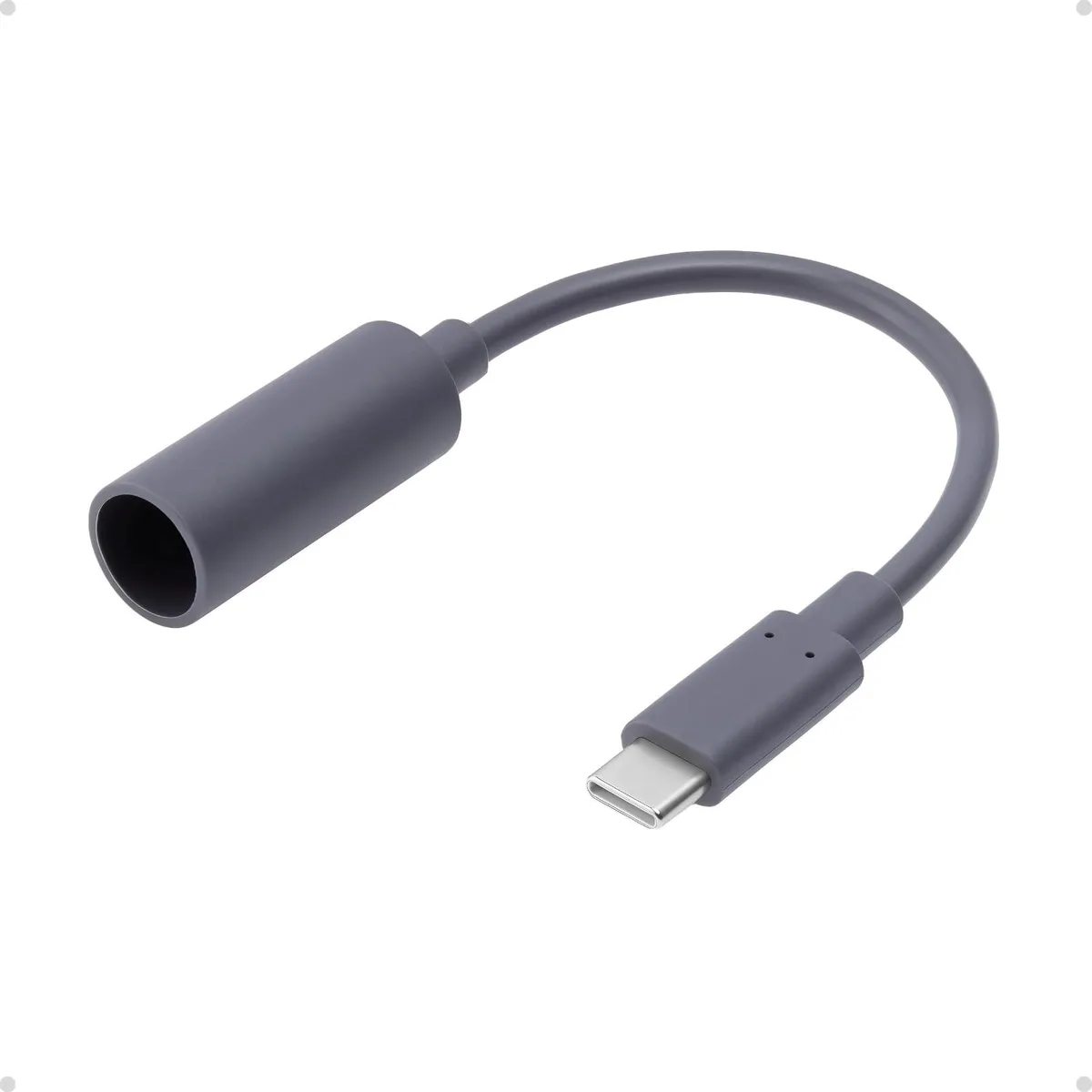 Short grey cable with USB-C male and DC female connectors, waterproof barrel jack