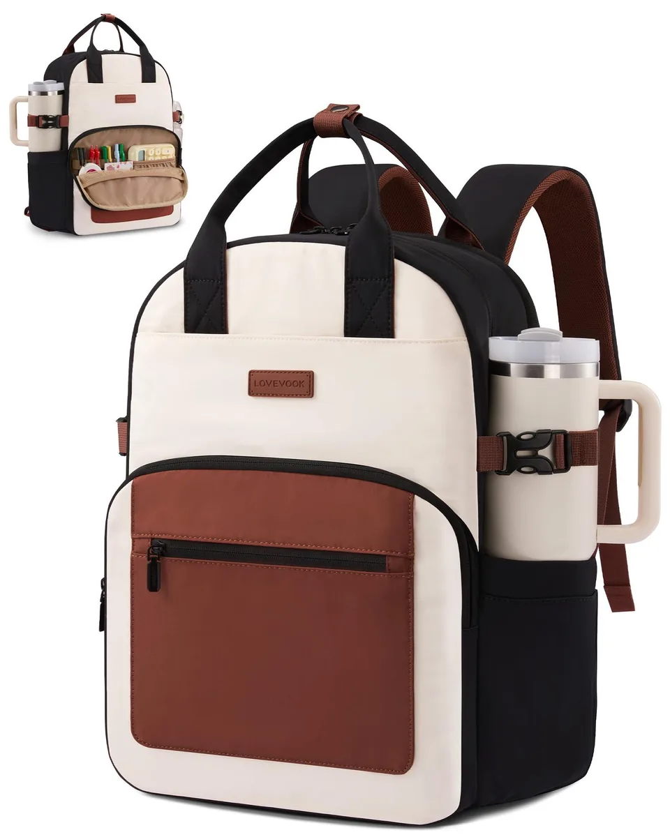 Beige polyester laptop backpack with side bottle pockets
