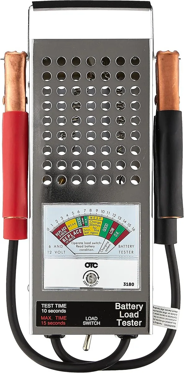 Black handheld battery load tester model 3180 with large analog gauge, heavy-duty copper clamps, and ventilated chrome steel case