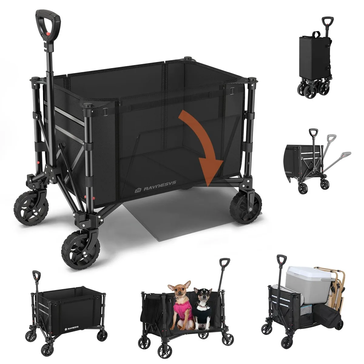 Black fabric wagon with steel frame, four wheels and extendable handle, shown folded flat to a compact rectangle