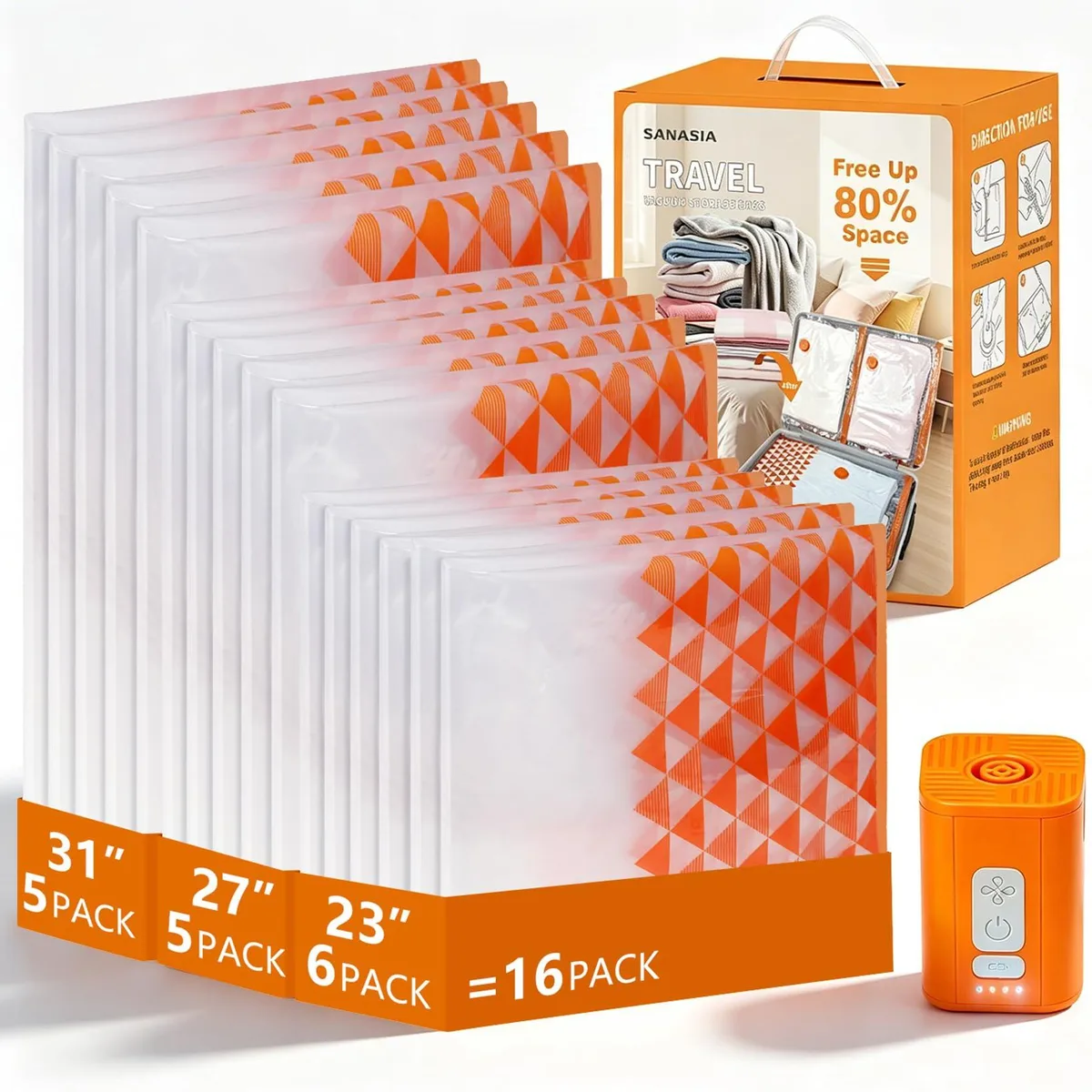 Sixteen orange rectangular nylon vacuum bags with a rechargeable pump