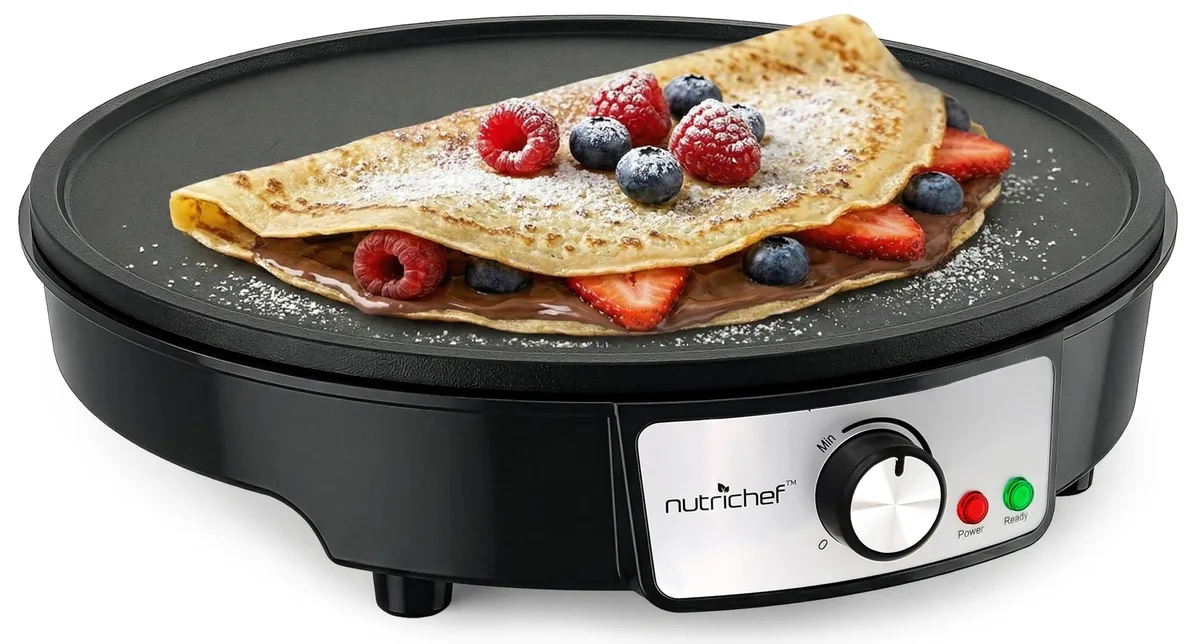 Black 12 inch electric griddle with wooden spatula and batter spreader
