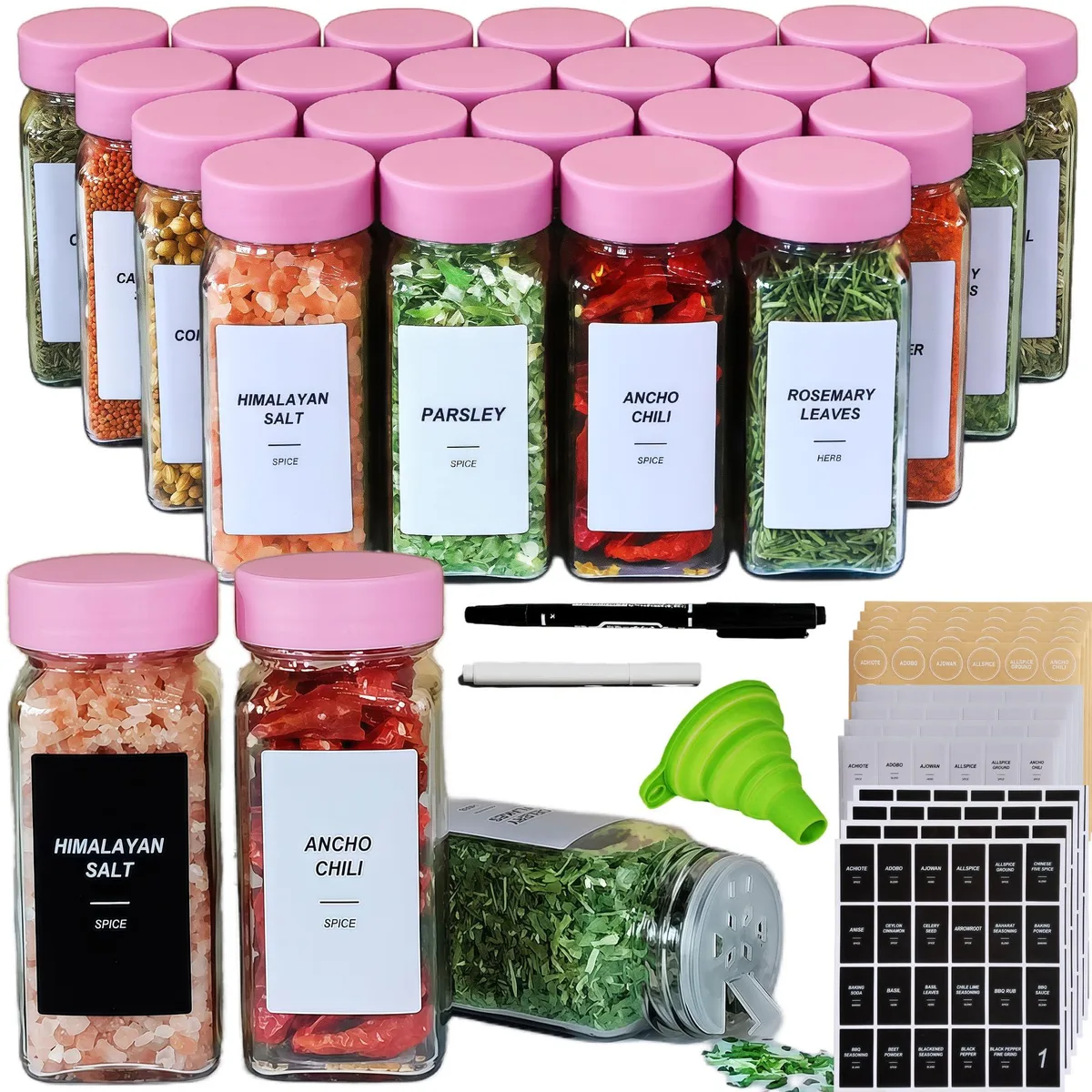 Twenty-four square glass spice jars with red lids and shaker tops