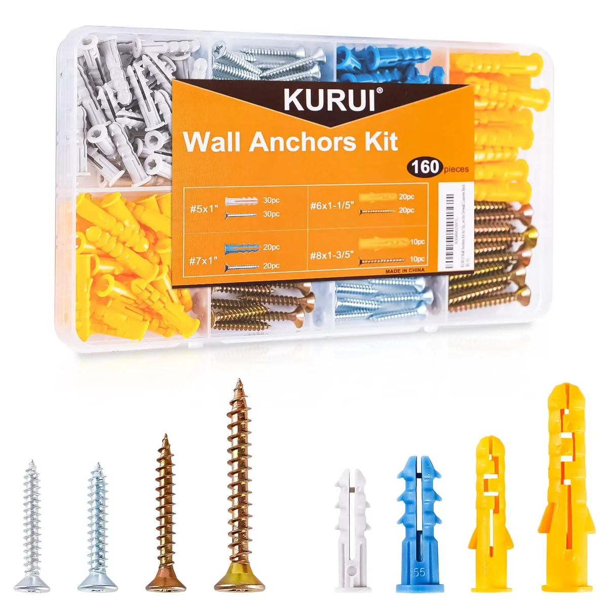Clear plastic organizer box holding 160 assorted wall anchors and Phillips screws