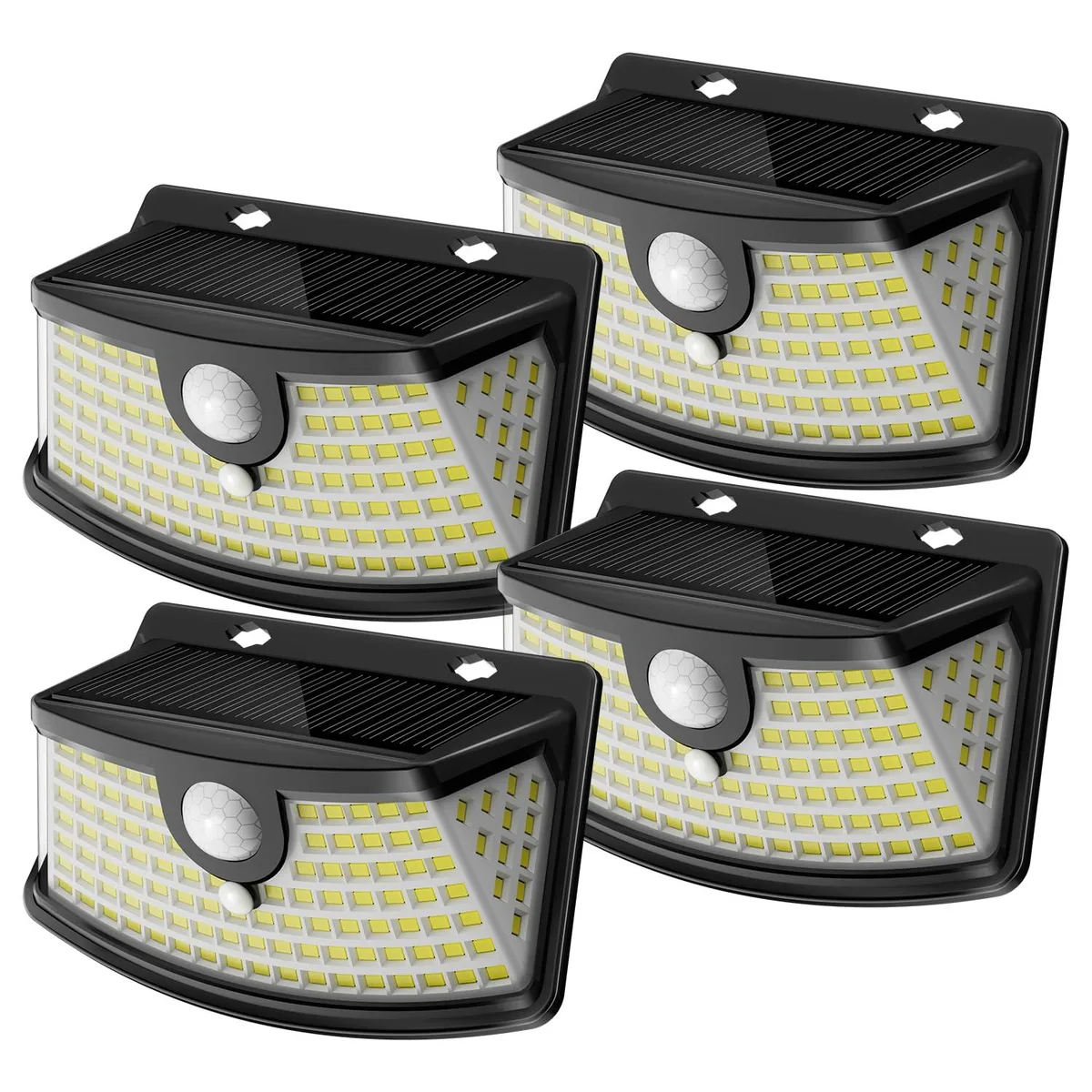 Four black rectangular solar lights with angled panels and daylight white LEDs