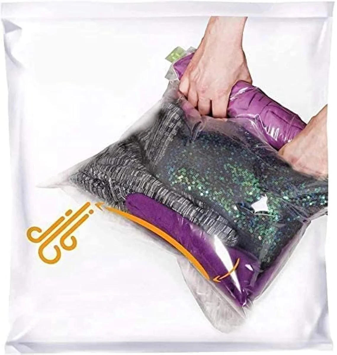 Twelve clear compression bags with green double-zip seals, four large and eight medium