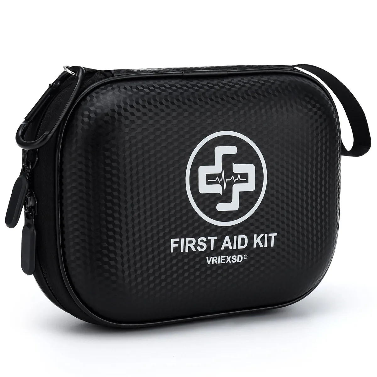 Black waterproof EVA hard-shell first aid case, compact rectangular shape with carry handle and carabiner clip