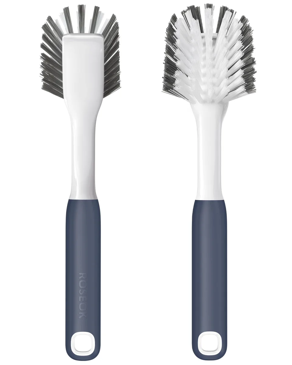 Navy blue dish brush with integrated scraper and hanging hole