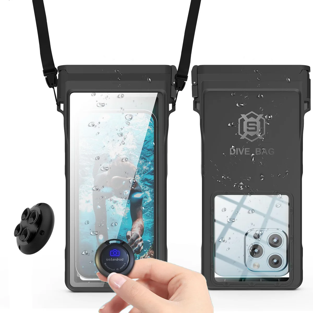 Black waterproof phone pouch with clear TPU windows and Bluetooth shutter remote