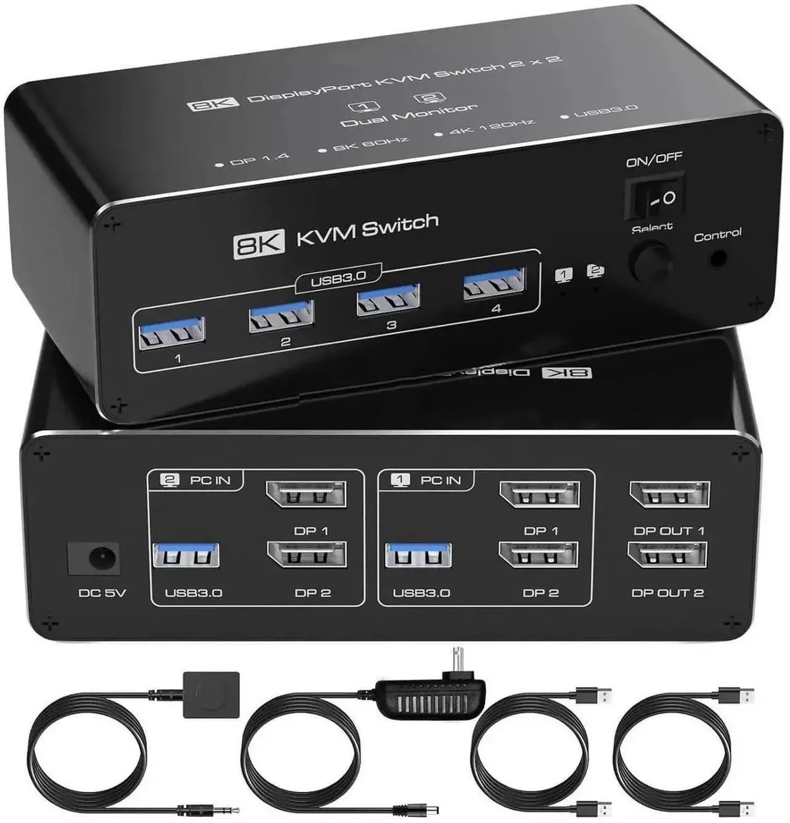 Vszerda Vszerda Dual Monitor DP KVM Switch 2 PCs 8K@60Hz 4K@144Hz 4×USB 3.0 — product photo