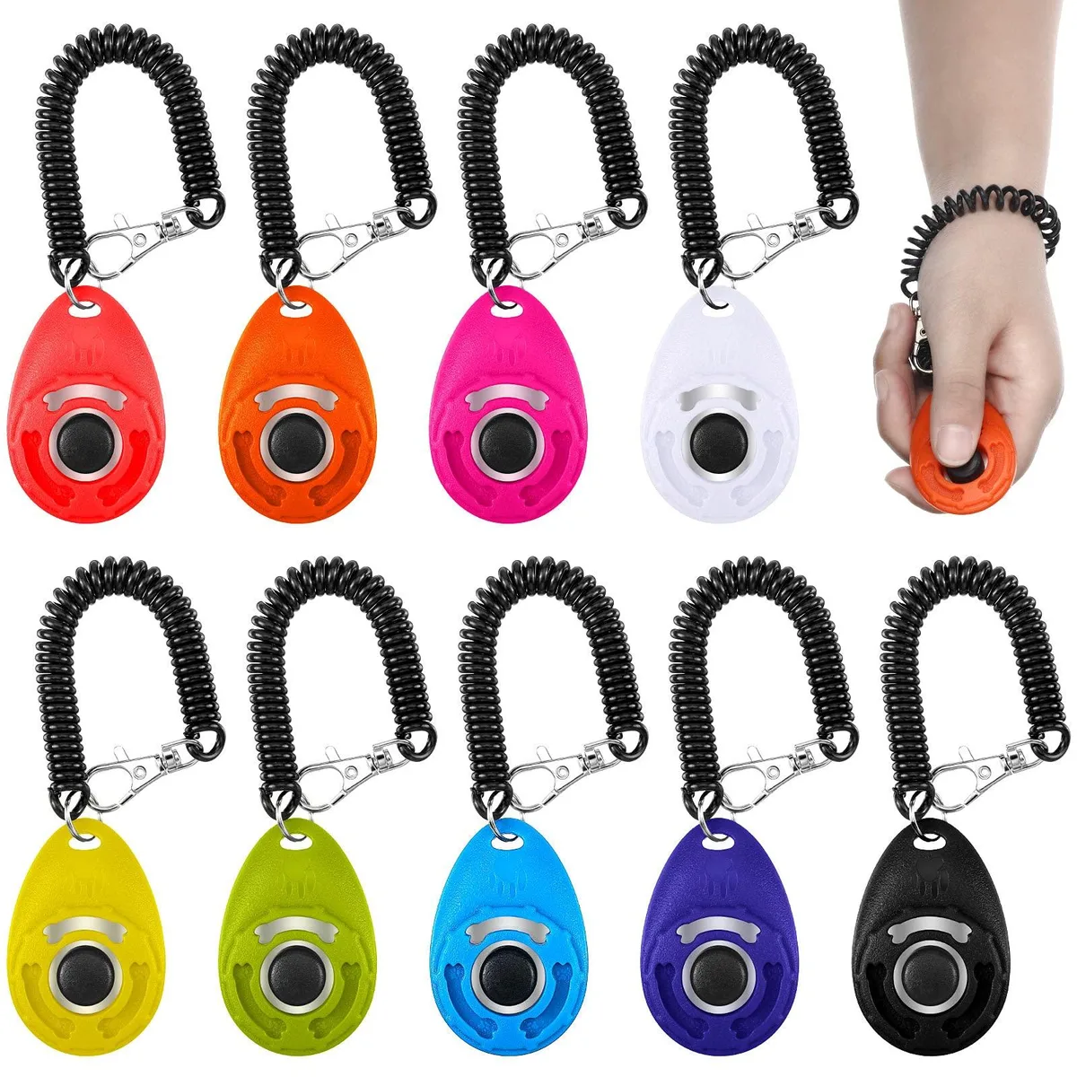 Nine water-drop shaped clickers in assorted colours with elastic wrist straps