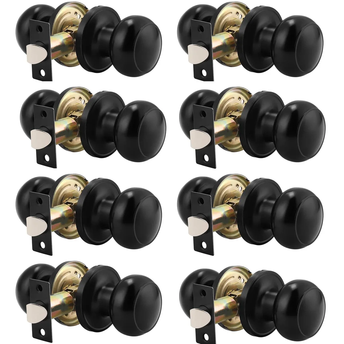Eight matte-black round passage door knobs with square latch plates