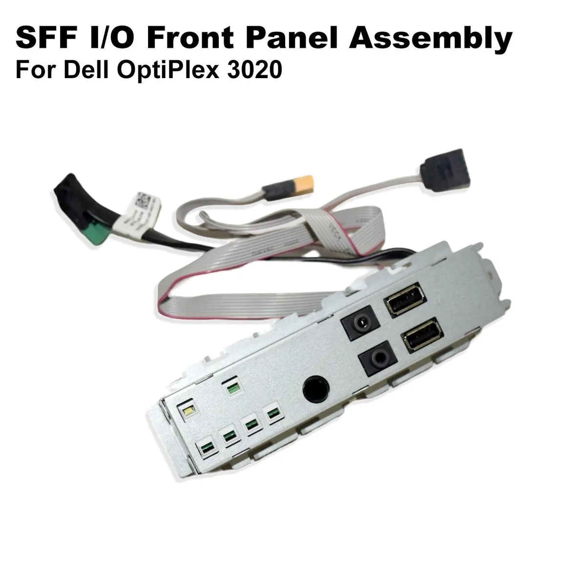 Rectangular black plastic front I/O panel with USB and 3.5 mm audio ports, ribbon cable attached